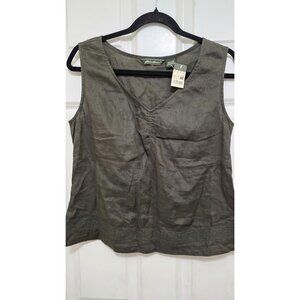 NWT Eddie Bauer Women Olive Green Sleeveless Linen Blend Top With Eyelet Hem Det